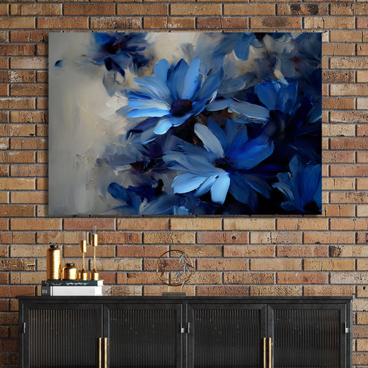 blue floral wall art with dark background and painterly texture