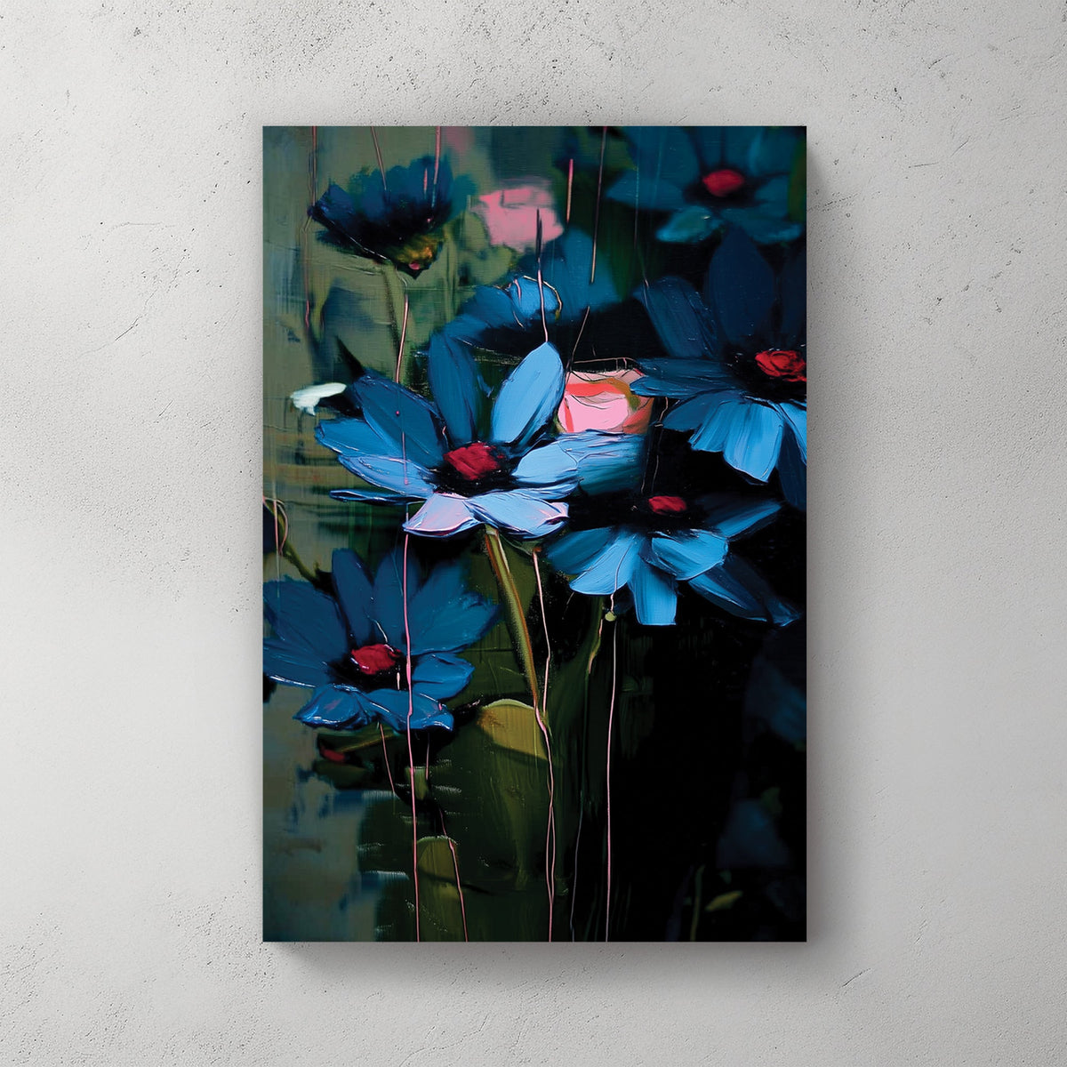 expressive wall art with blue and pink flowers in abstract brushstrokes