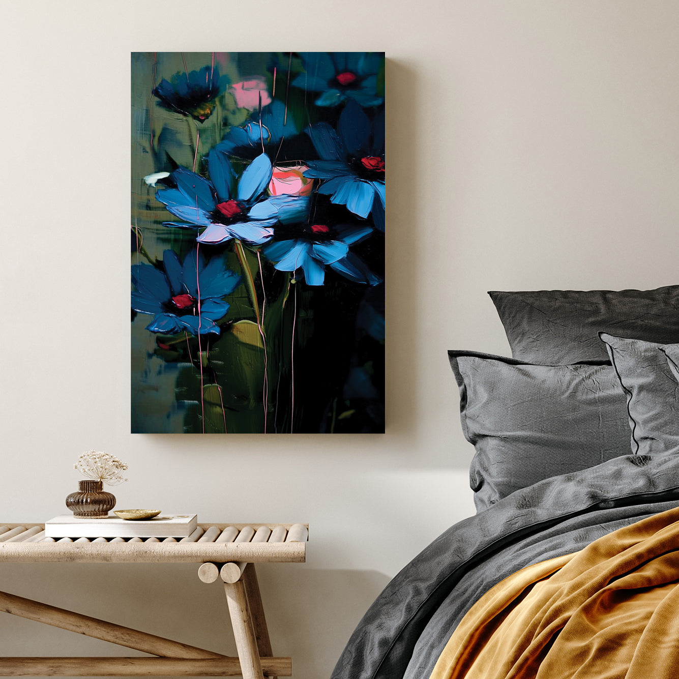 expressive wall art with blue and pink flowers in abstract brushstrokes