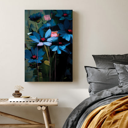 expressive wall art with blue and pink flowers in abstract brushstrokes