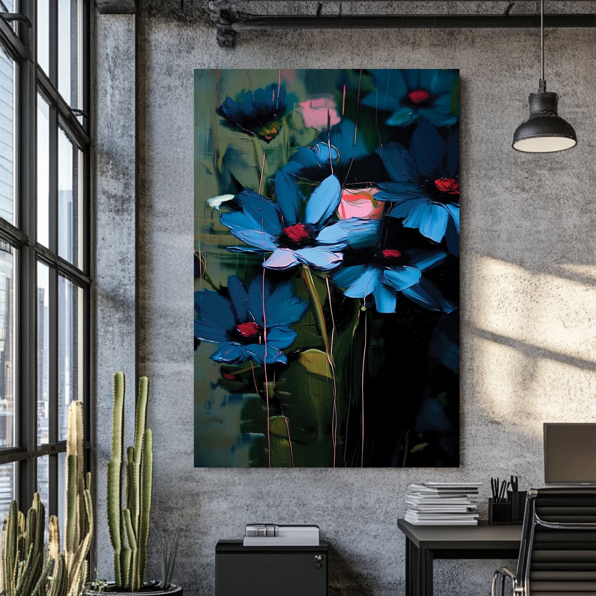 expressive wall art with blue and pink flowers in abstract brushstrokes