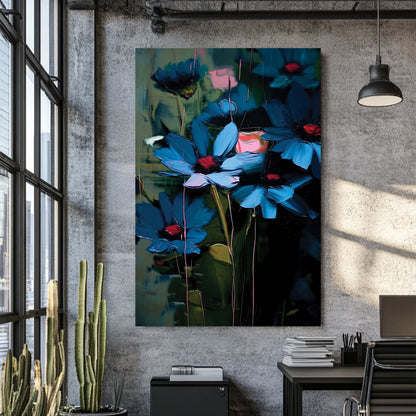 expressive wall art with blue and pink flowers in abstract brushstrokes