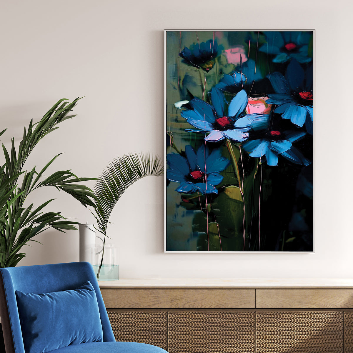 expressive wall art with blue and pink flowers in abstract brushstrokes