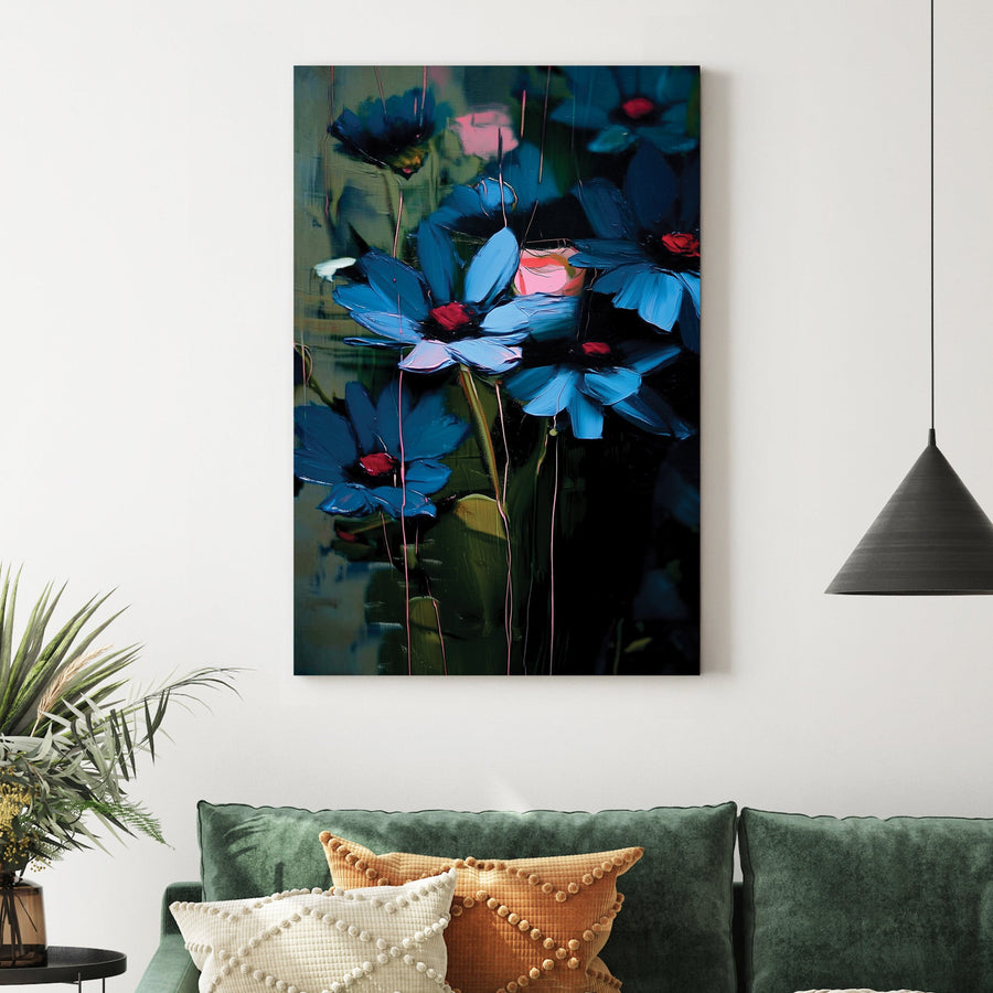 expressive wall art with blue and pink flowers in abstract brushstrokes