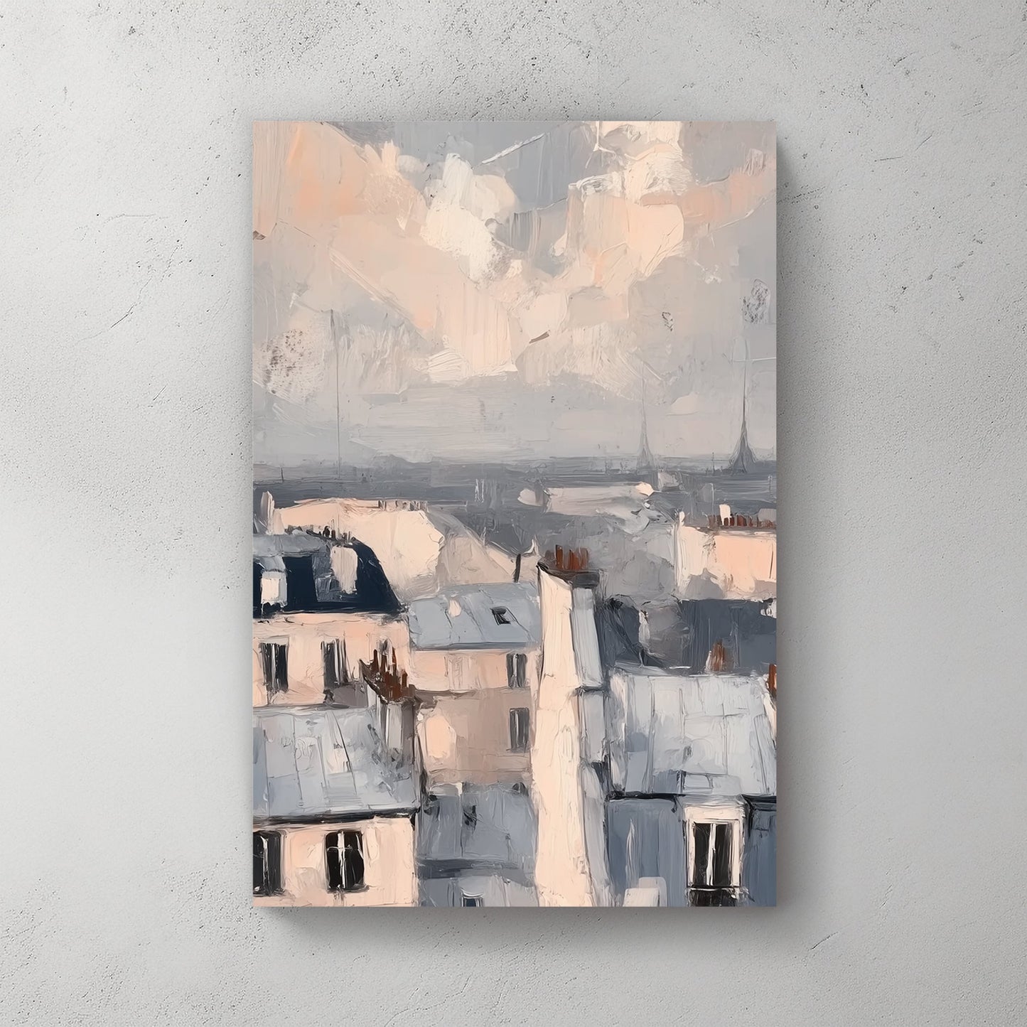 impressionistic wall art of soft pastel rooftops in a European cityscape