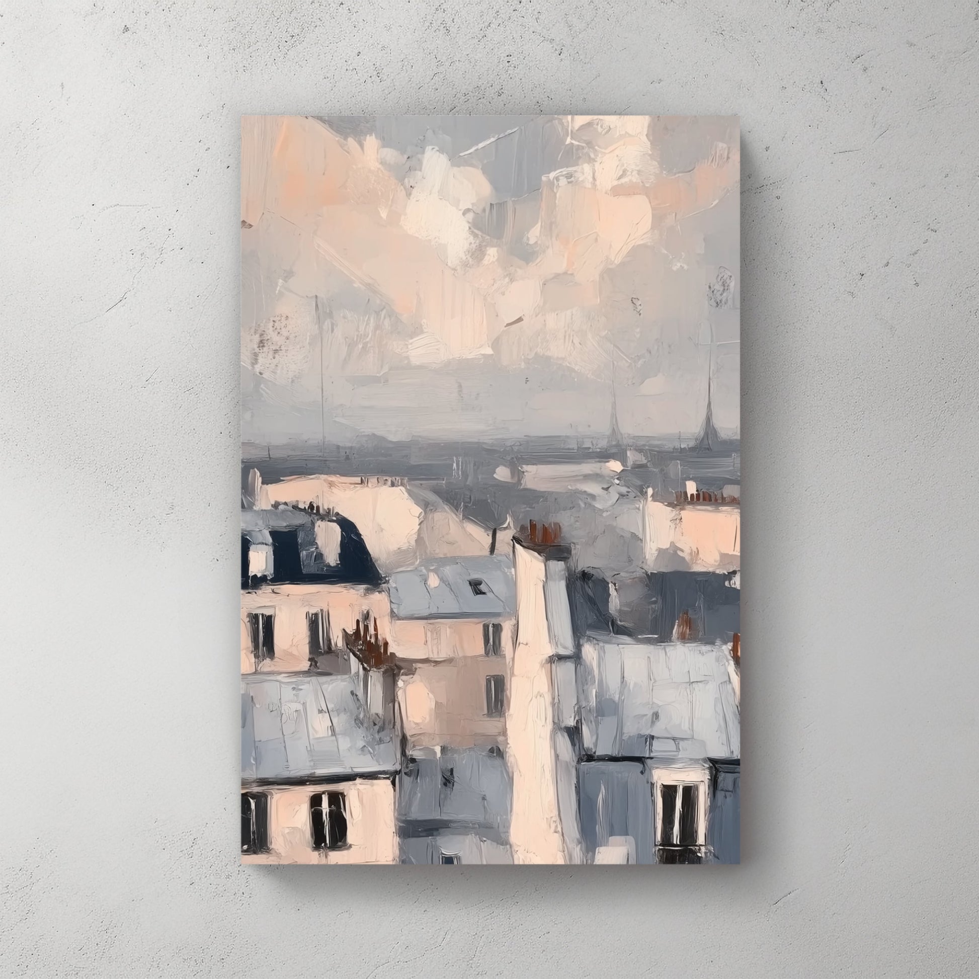 impressionistic wall art of soft pastel rooftops in a European cityscape