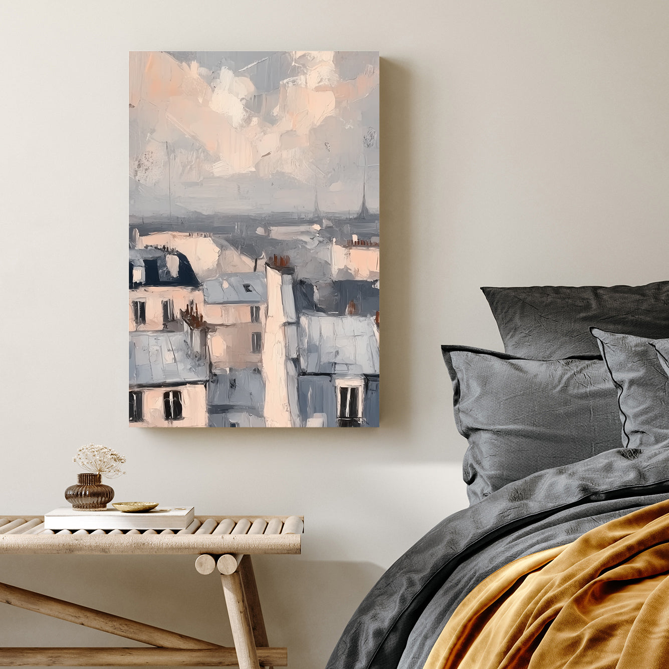 impressionistic wall art of soft pastel rooftops in a European cityscape