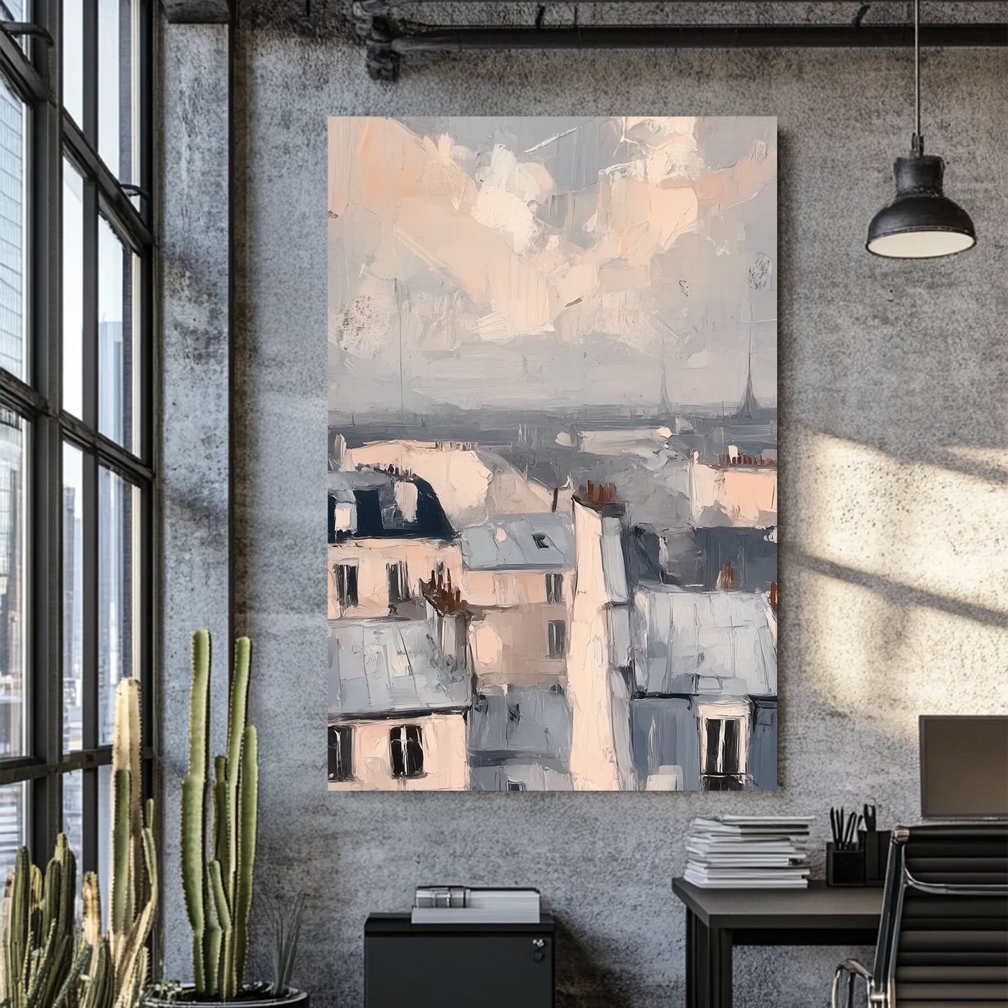 impressionistic wall art of soft pastel rooftops in a European cityscape