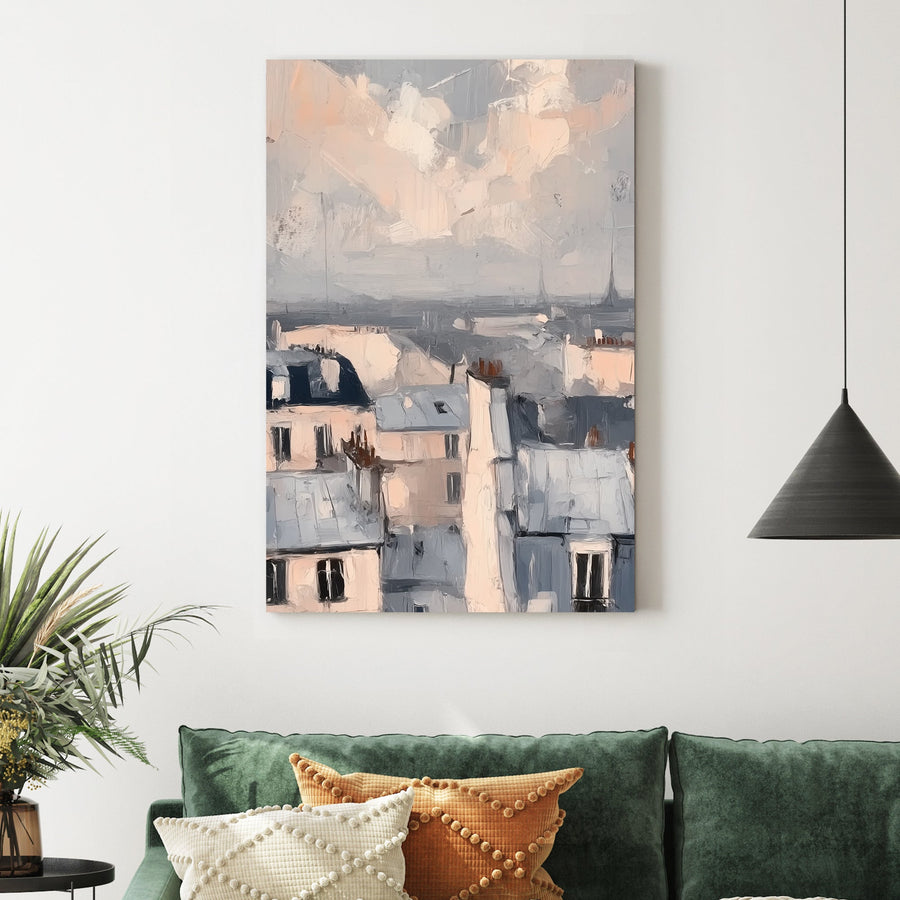 impressionistic wall art of soft pastel rooftops in a European cityscape