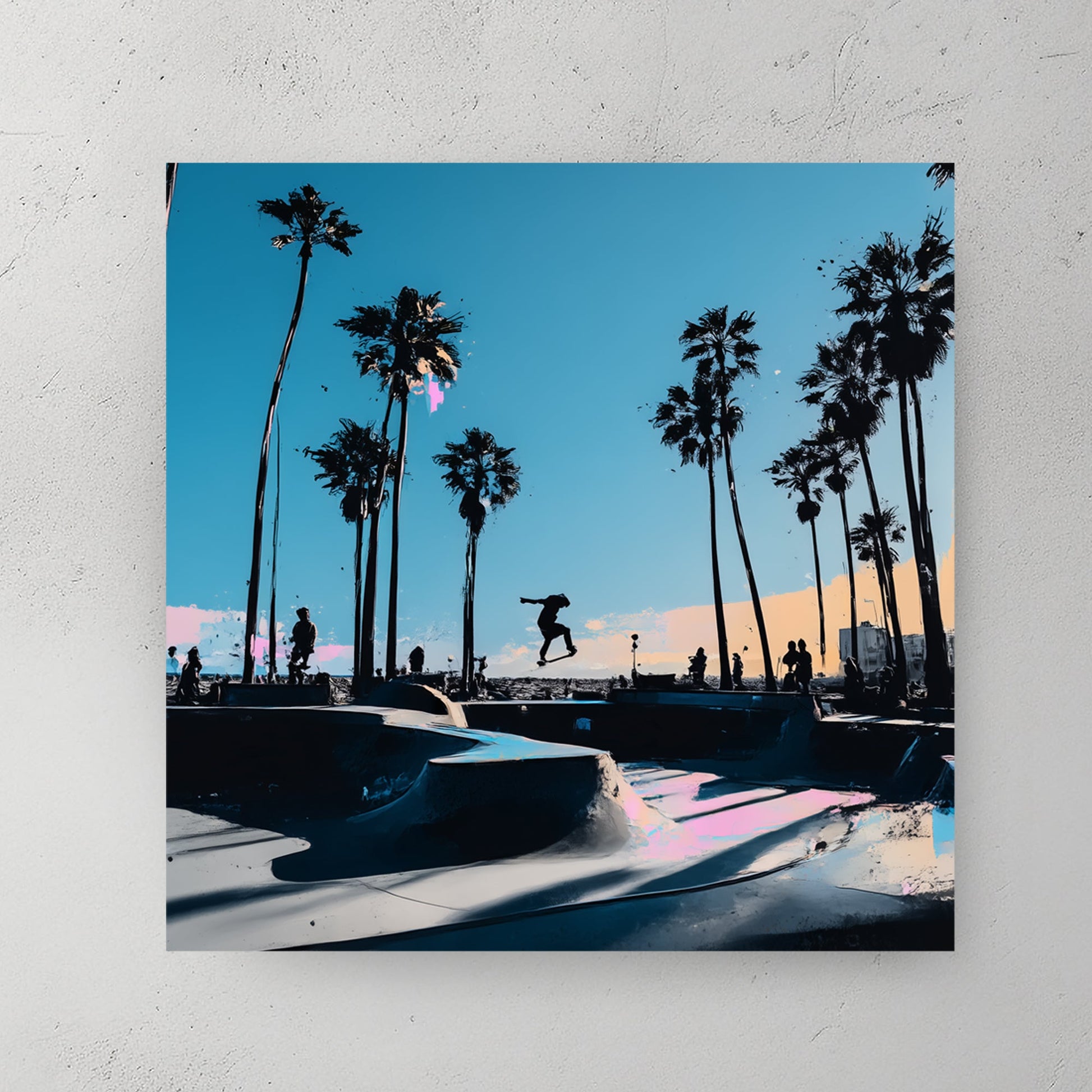 Venice Beach skateboard wall art with palm trees and colourful sky