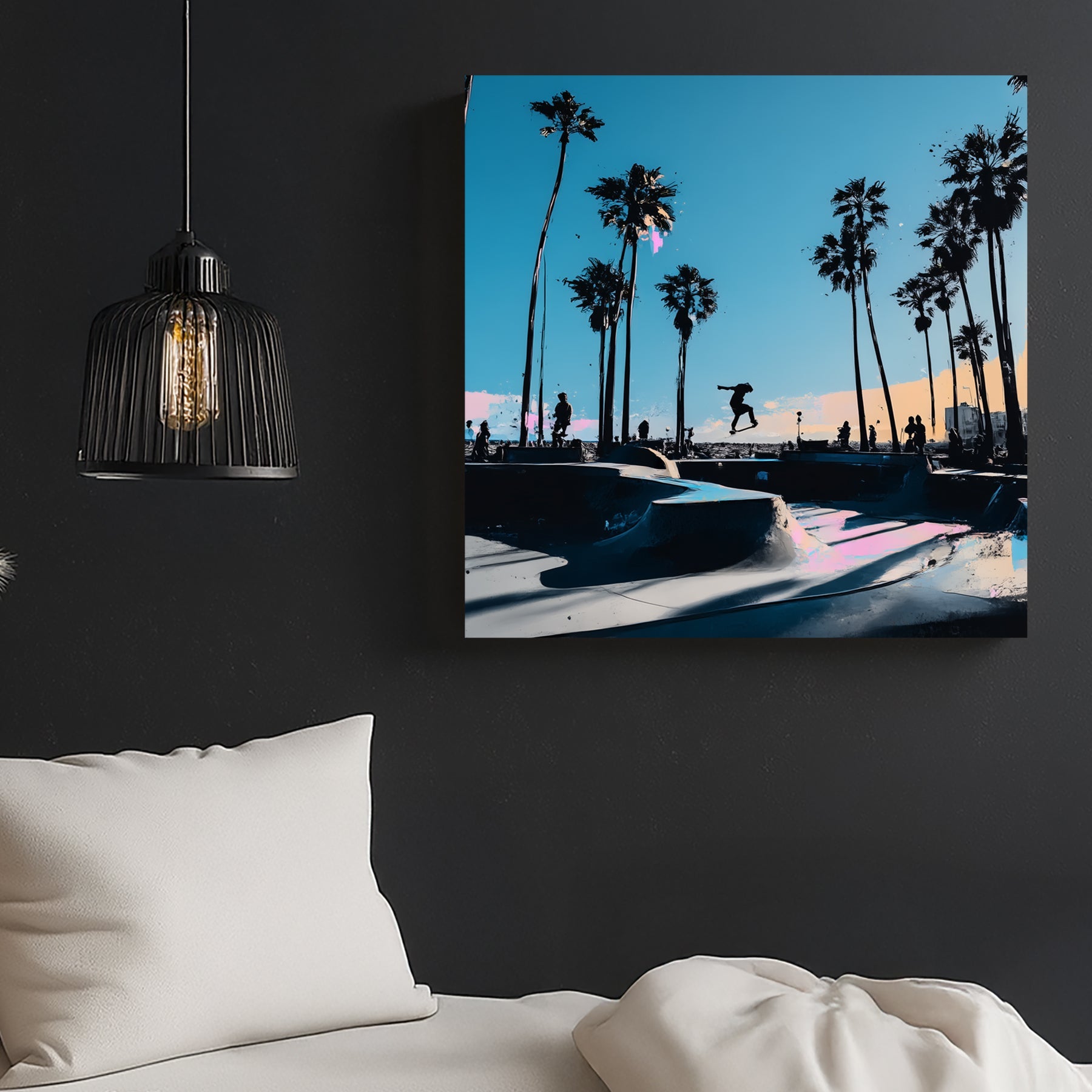 Venice Beach skateboard wall art with palm trees and colourful sky