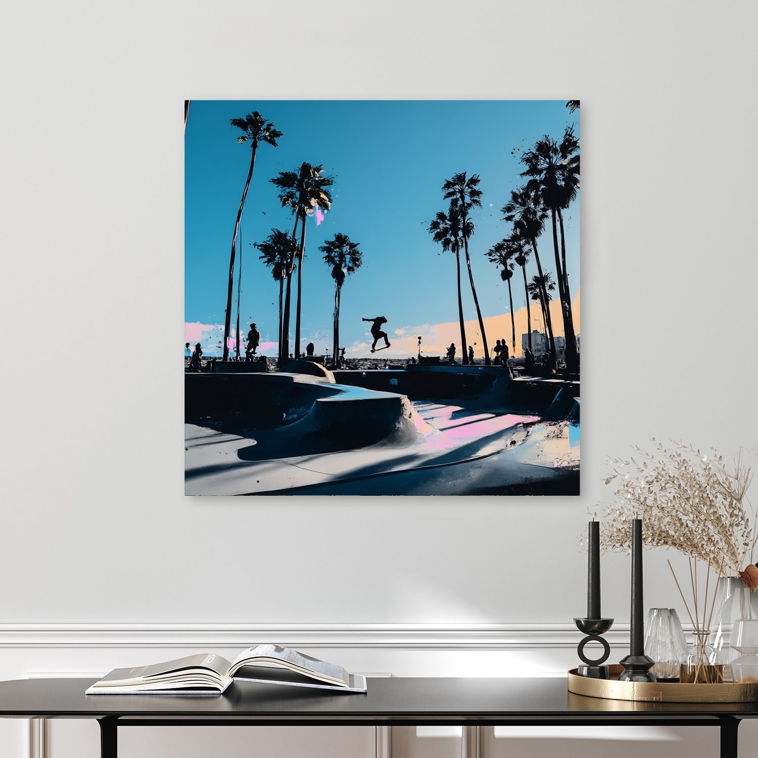 Venice Beach skateboard wall art with palm trees and colourful sky