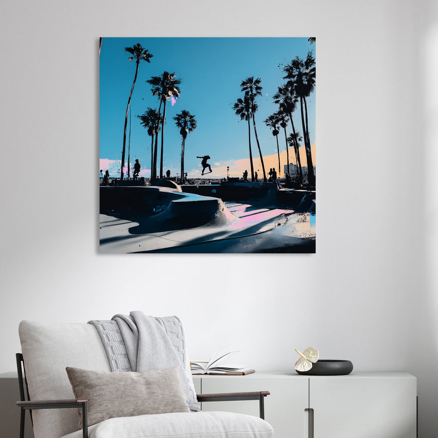 Venice Beach skateboard wall art with palm trees and colourful sky