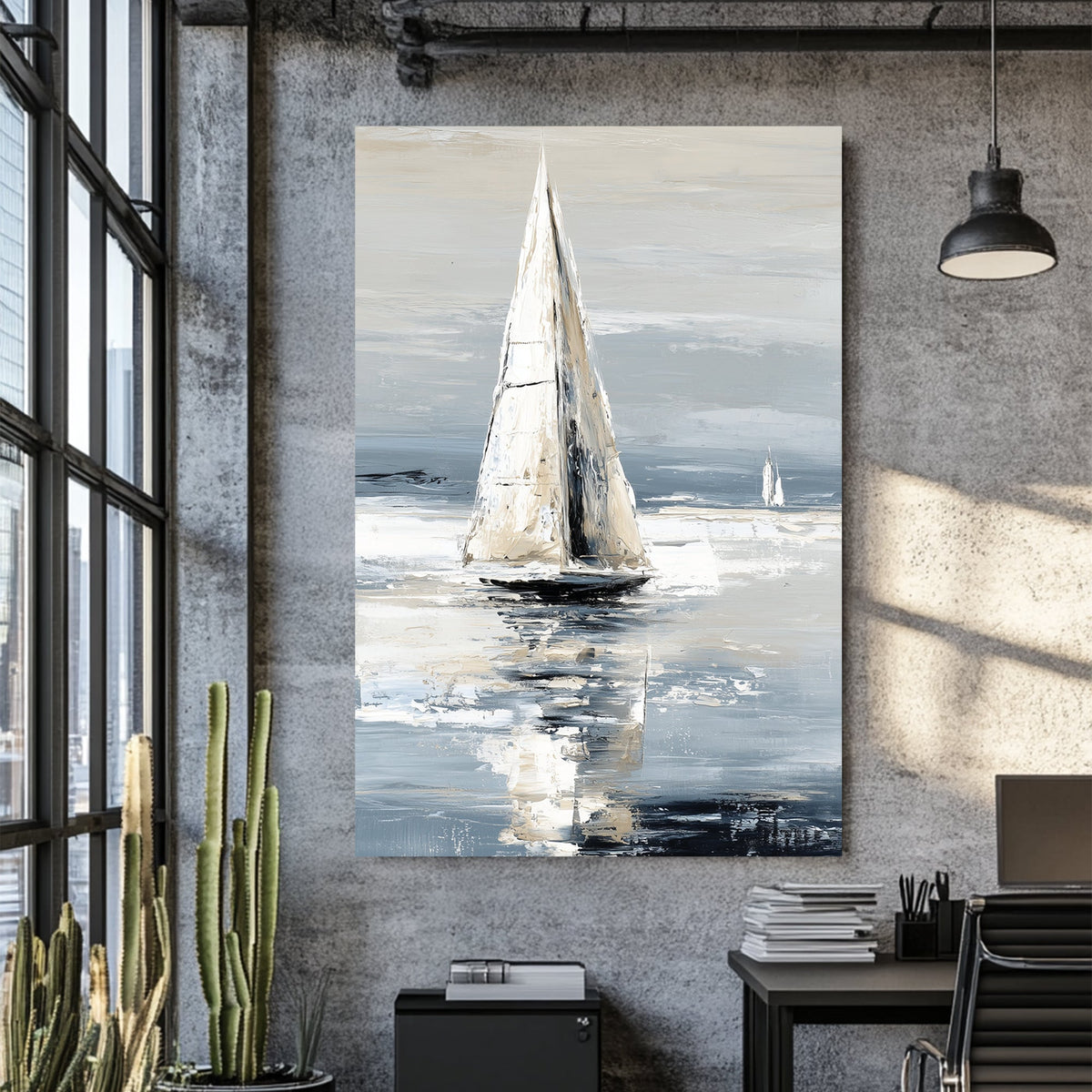 Minimalist sailboat wall art in soft neutral tones