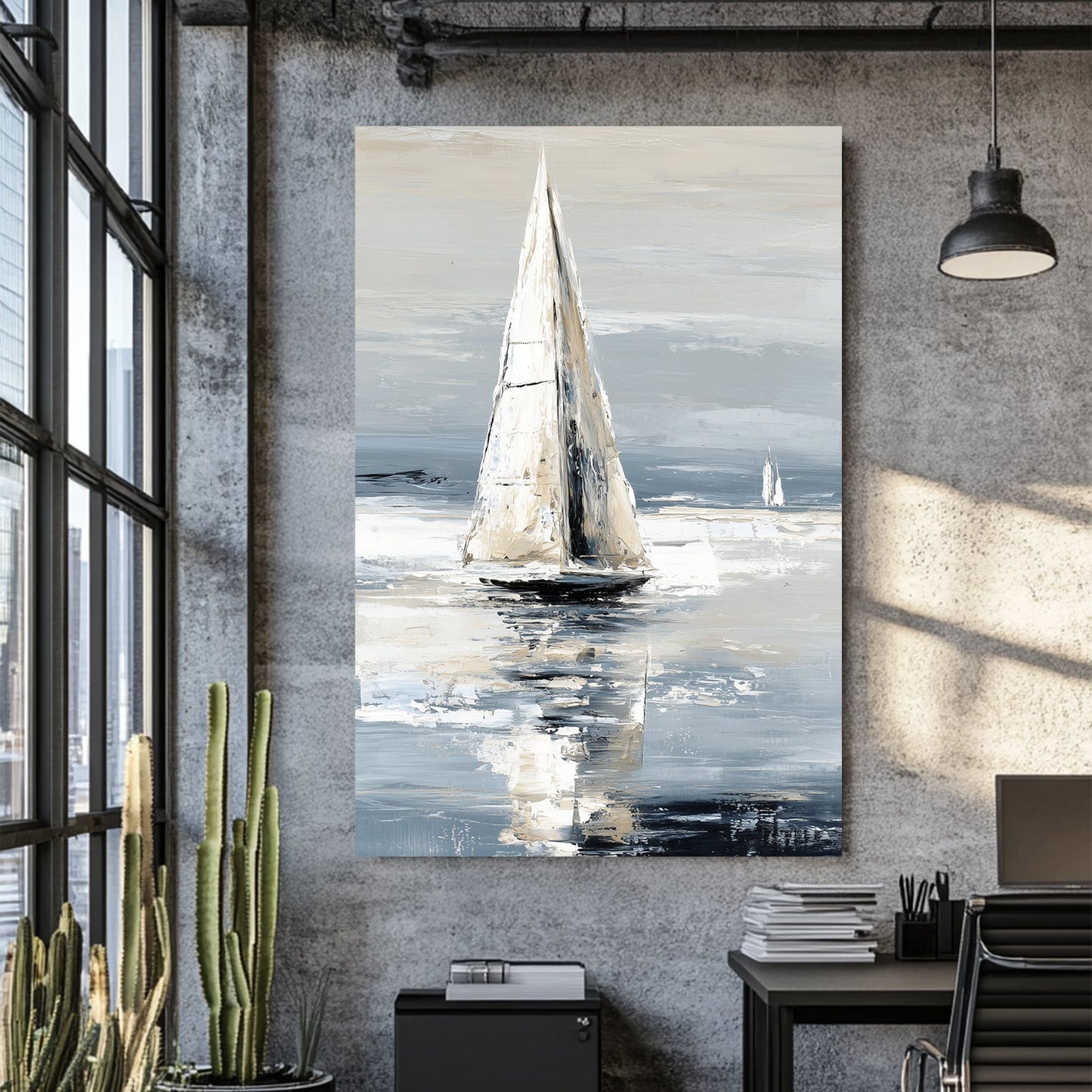 Minimalist sailboat wall art in soft neutral tones