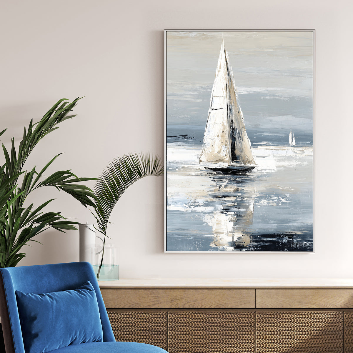 Minimalist sailboat wall art in soft neutral tones