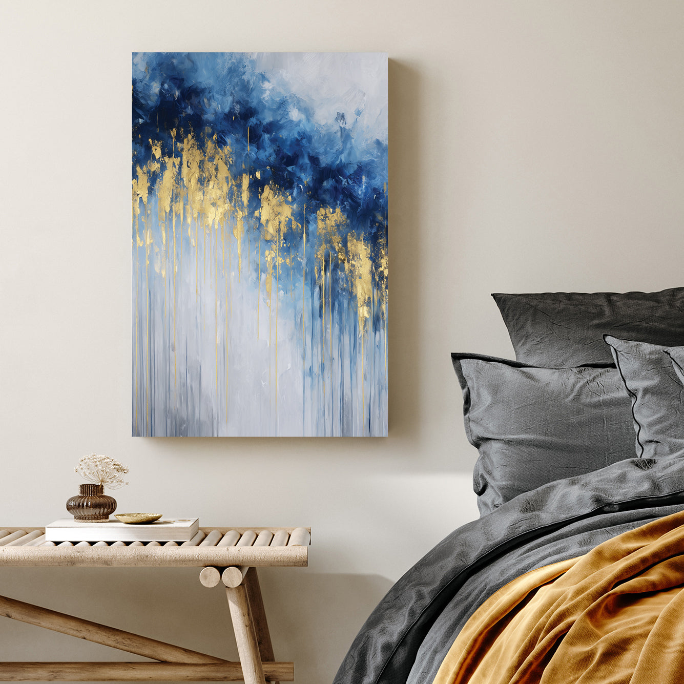 abstract gold and blue drip effect wall art