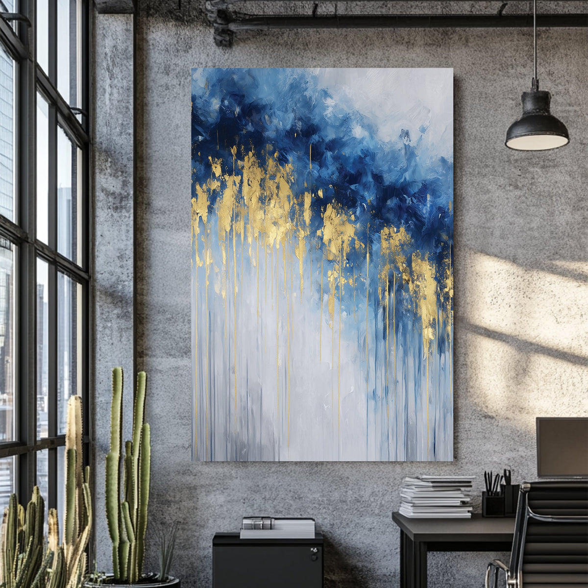 abstract gold and blue drip effect wall art