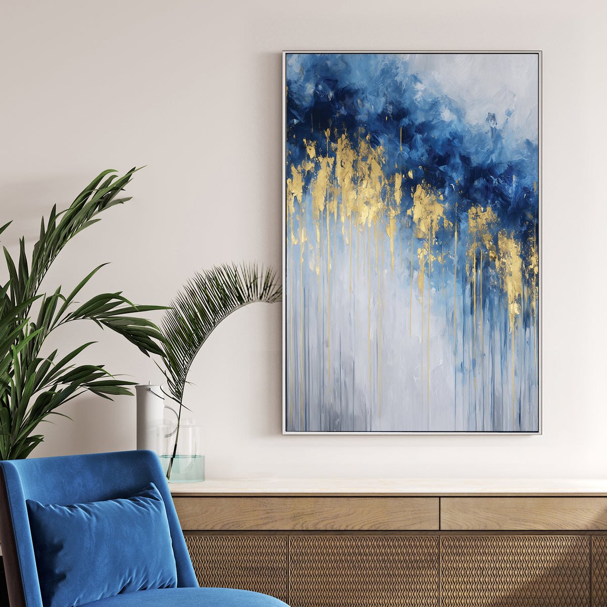 abstract gold and blue drip effect wall art