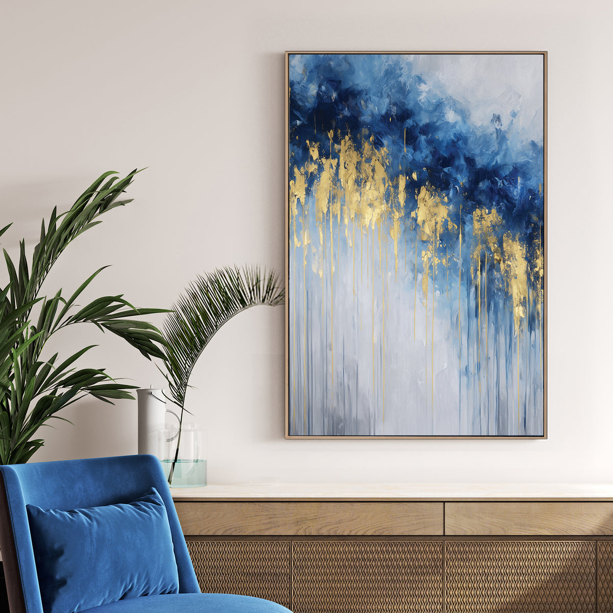 abstract gold and blue drip effect wall art