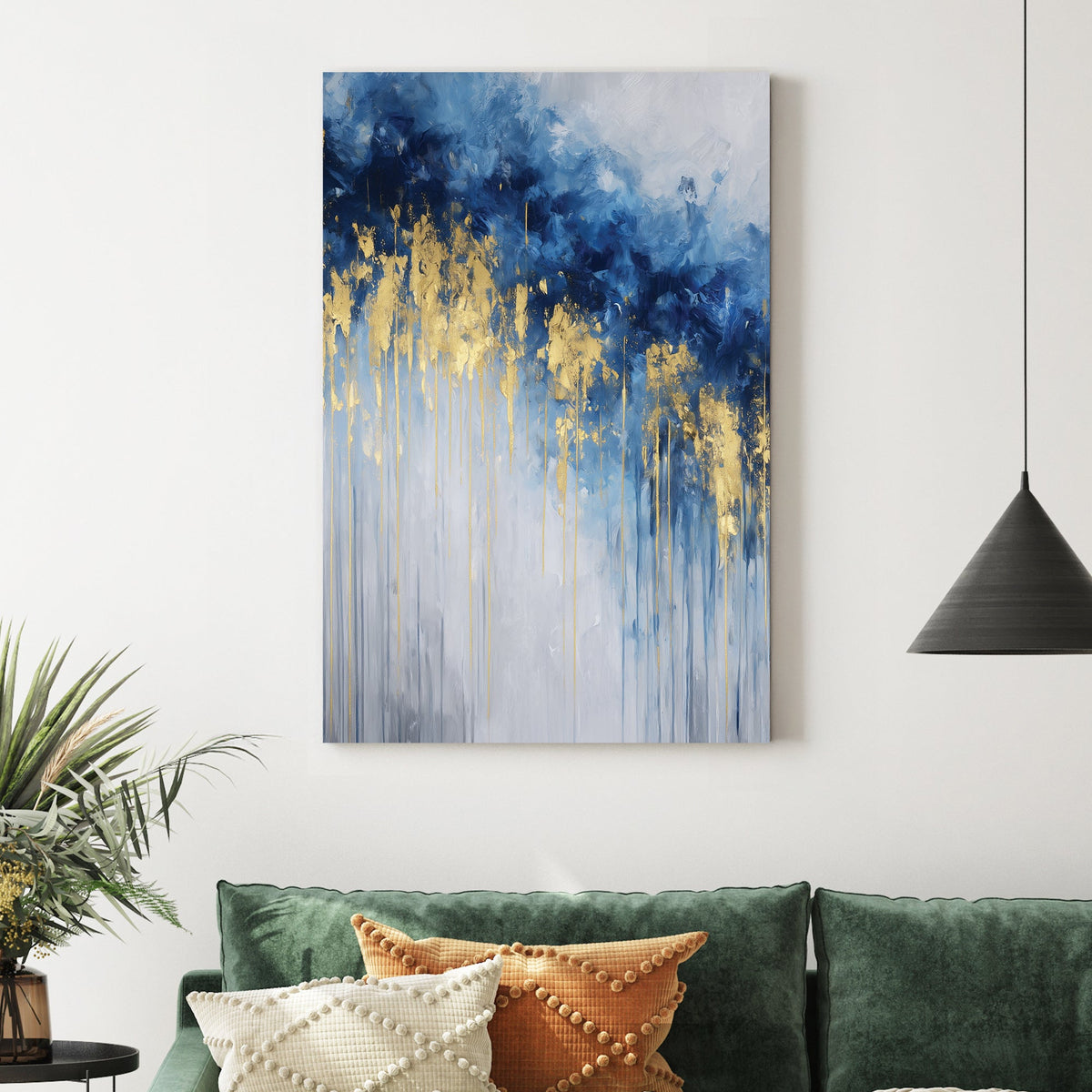 abstract gold and blue drip effect wall art