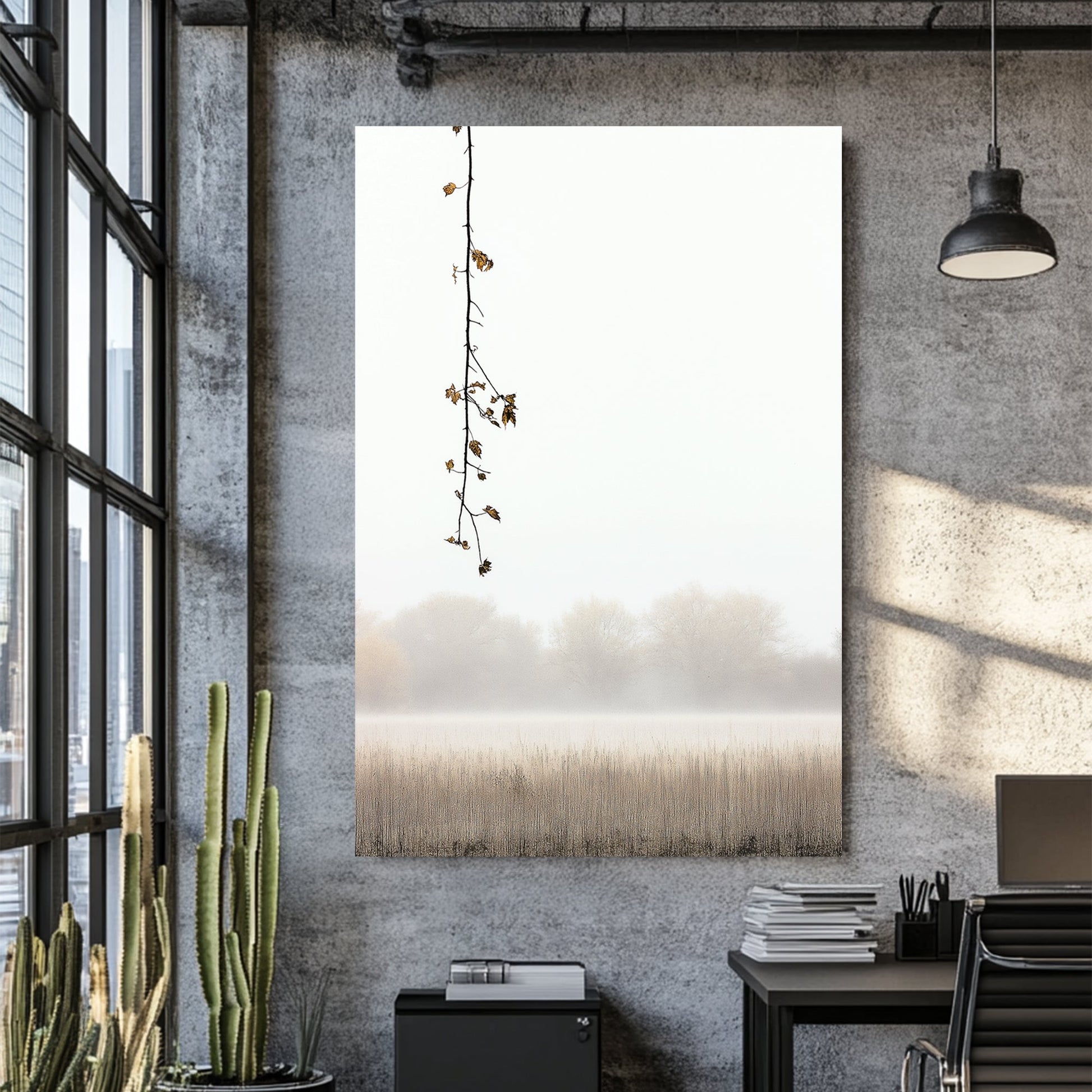 foggy field with hanging branch minimalist wall art