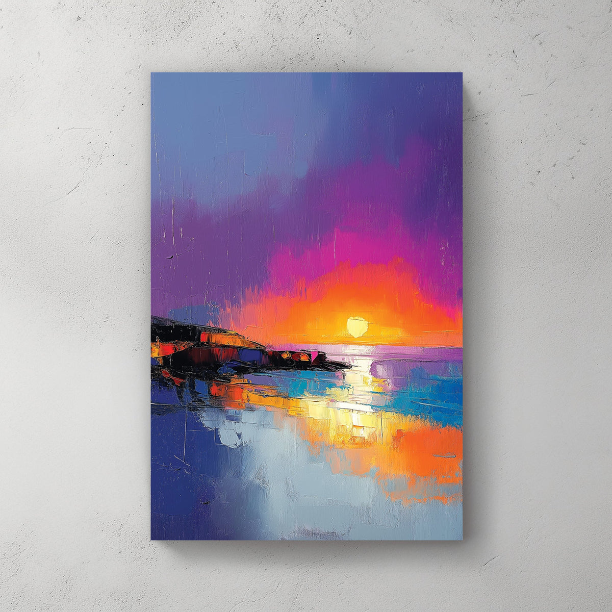 vibrant sunset beach scene wall art with bold brushstrokes