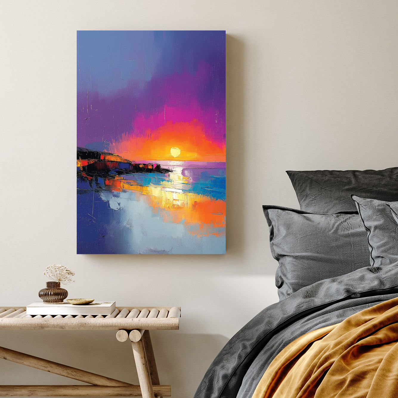 vibrant sunset beach scene wall art with bold brushstrokes