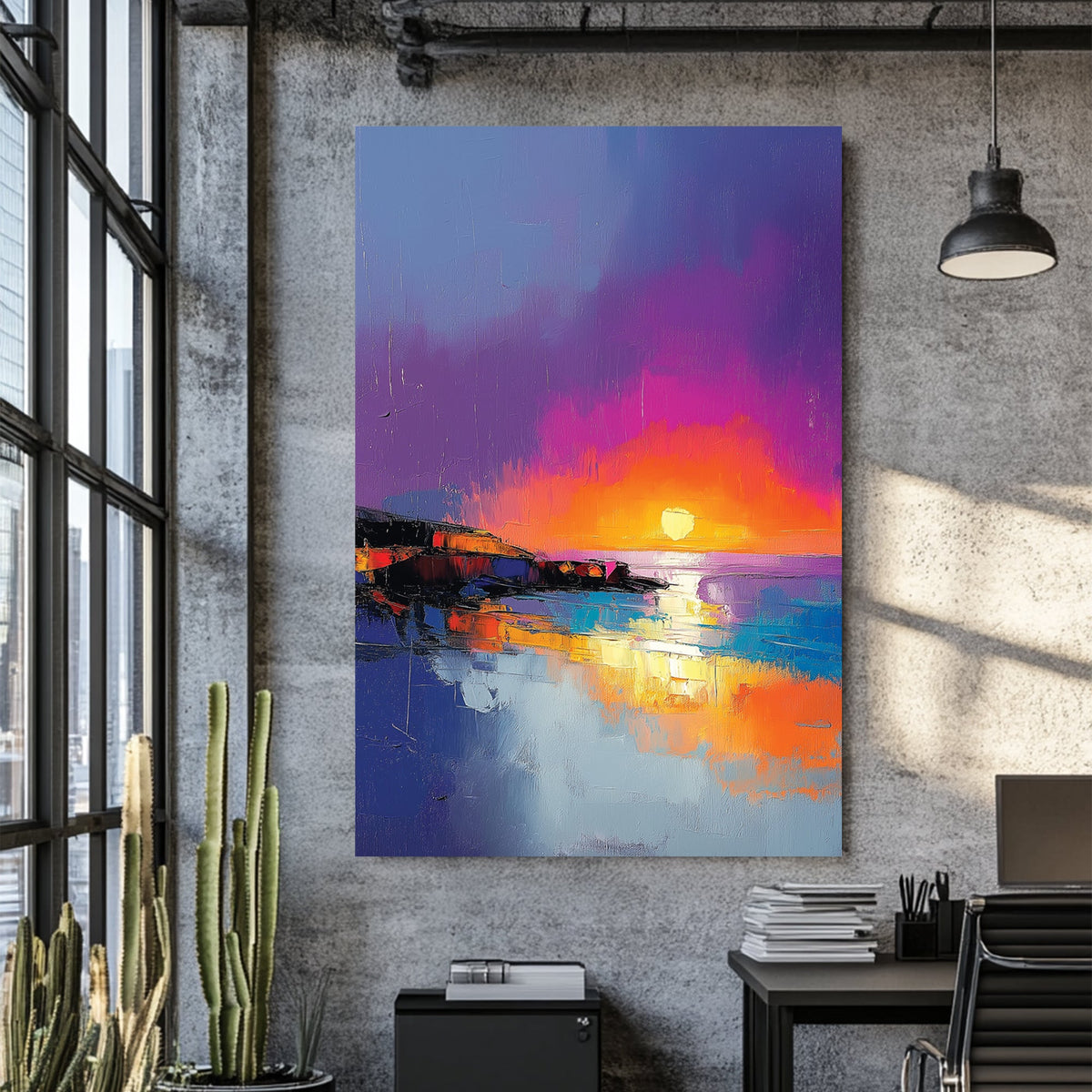 vibrant sunset beach scene wall art with bold brushstrokes