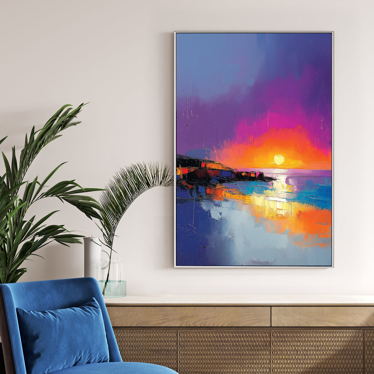 vibrant sunset beach scene wall art with bold brushstrokes