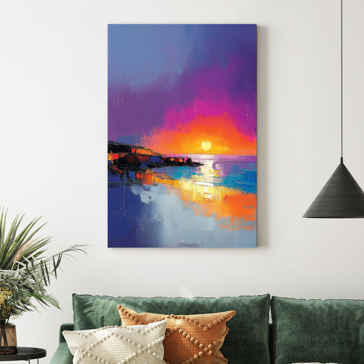 vibrant sunset beach scene wall art with bold brushstrokes