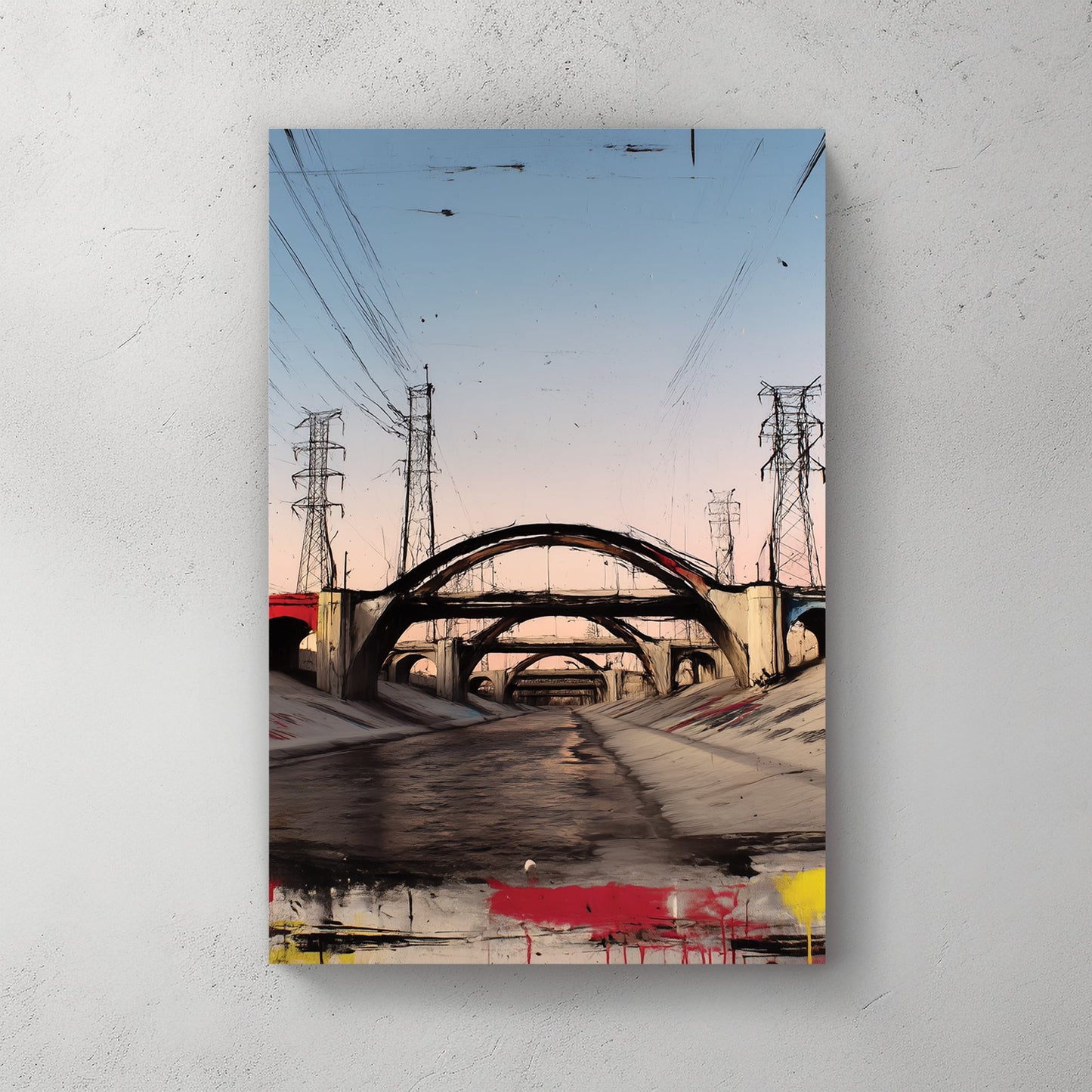 los angeles overpass graffiti wall art with sunset tones