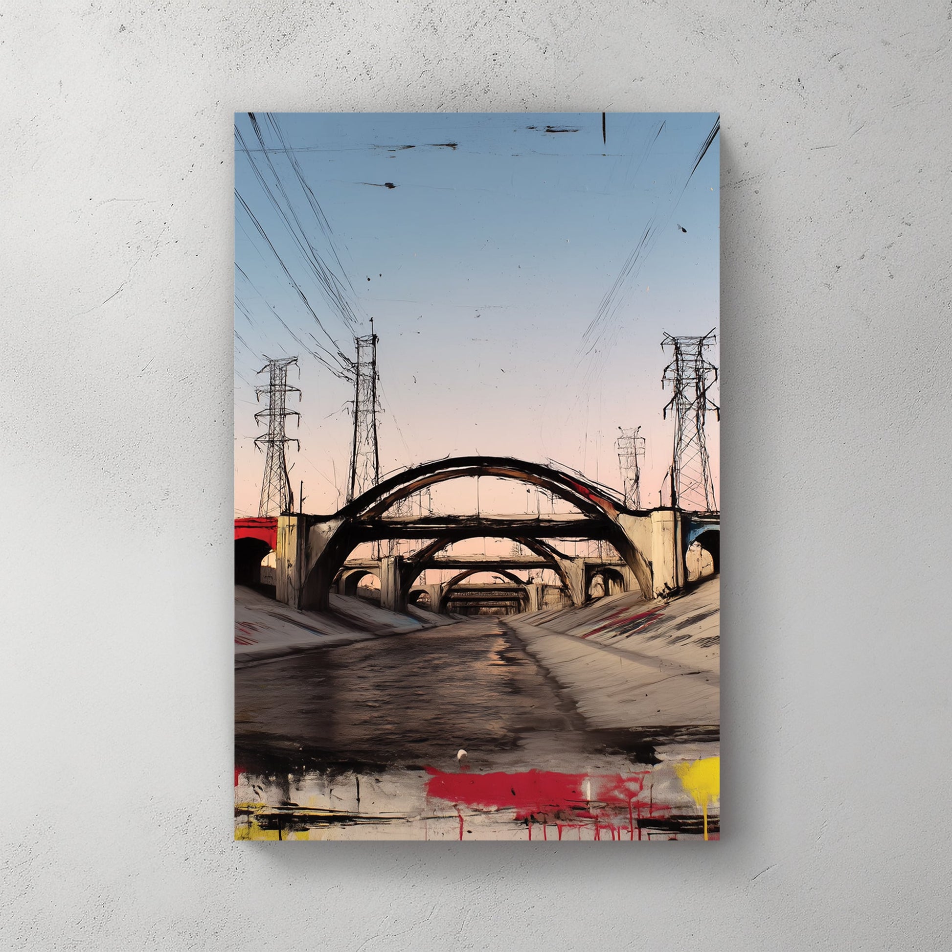 los angeles overpass graffiti wall art with sunset tones