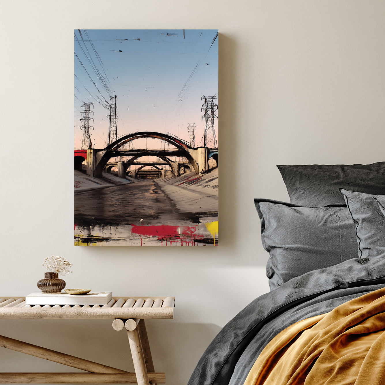 los angeles overpass graffiti wall art with sunset tones