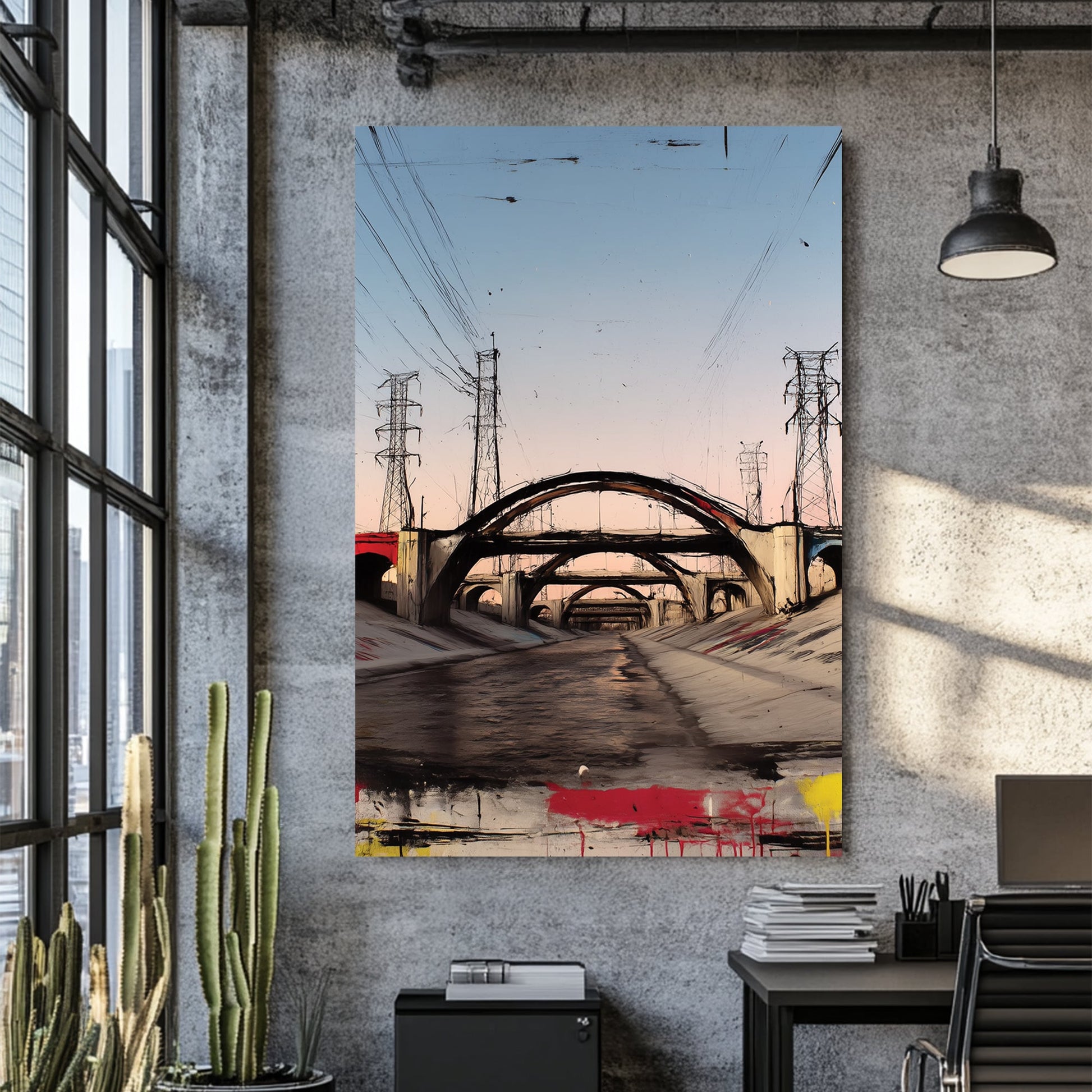 los angeles overpass graffiti wall art with sunset tones