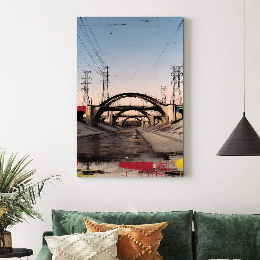 los angeles overpass graffiti wall art with sunset tones