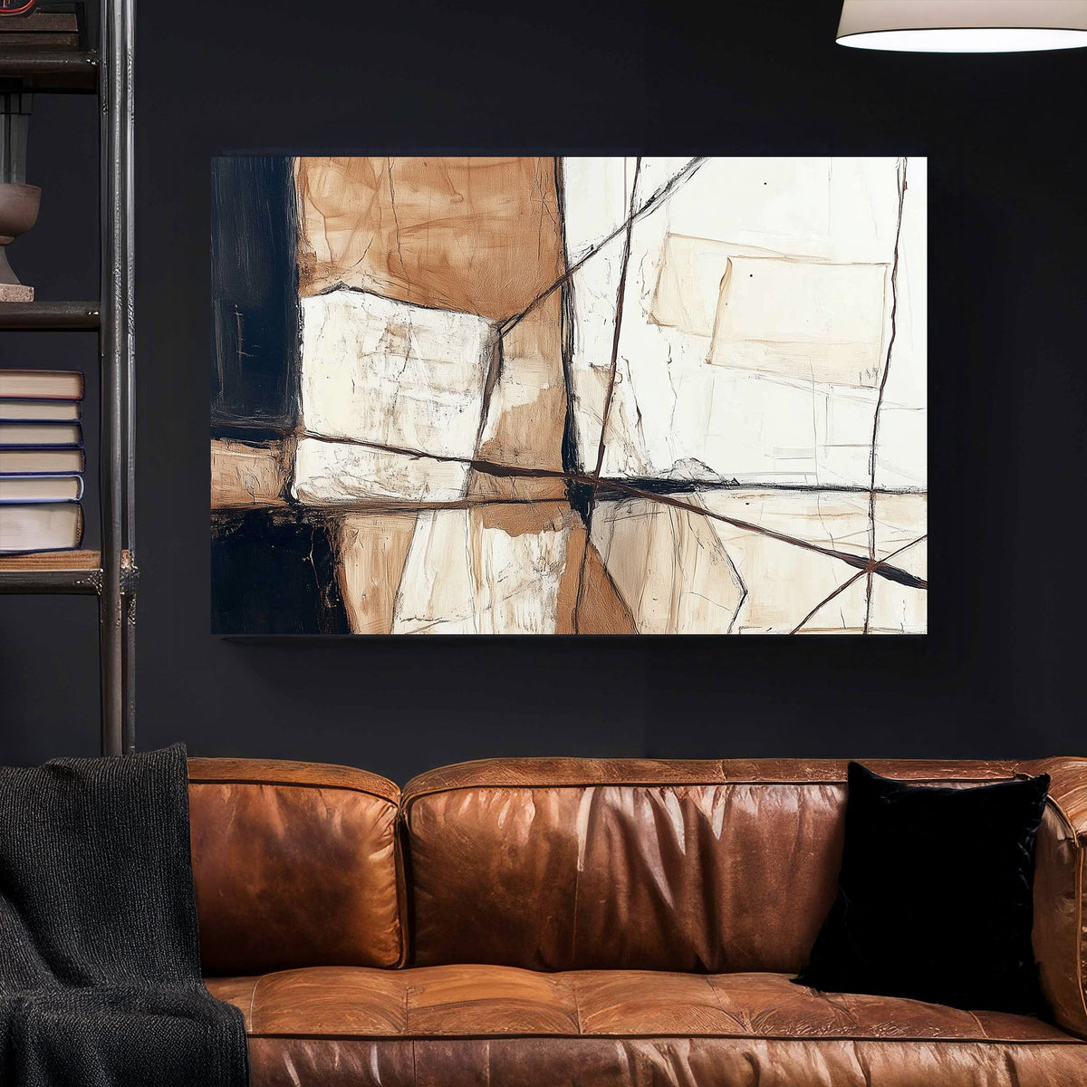 abstract neutral geometric wall art in beige and black tones