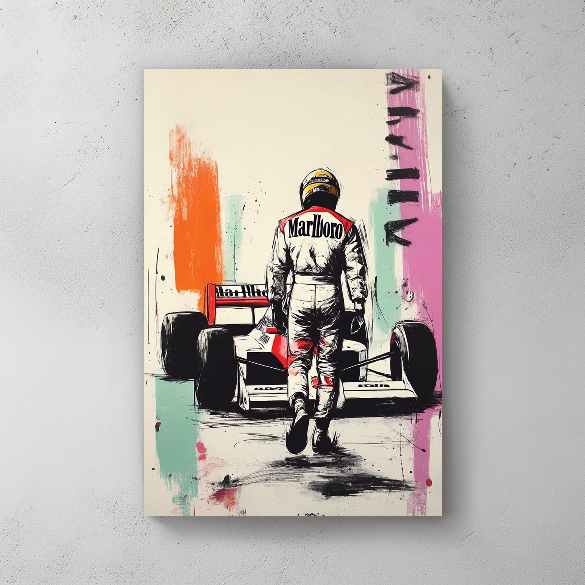 Ayrton Senna walking to F1 car wall art with graffiti splashes