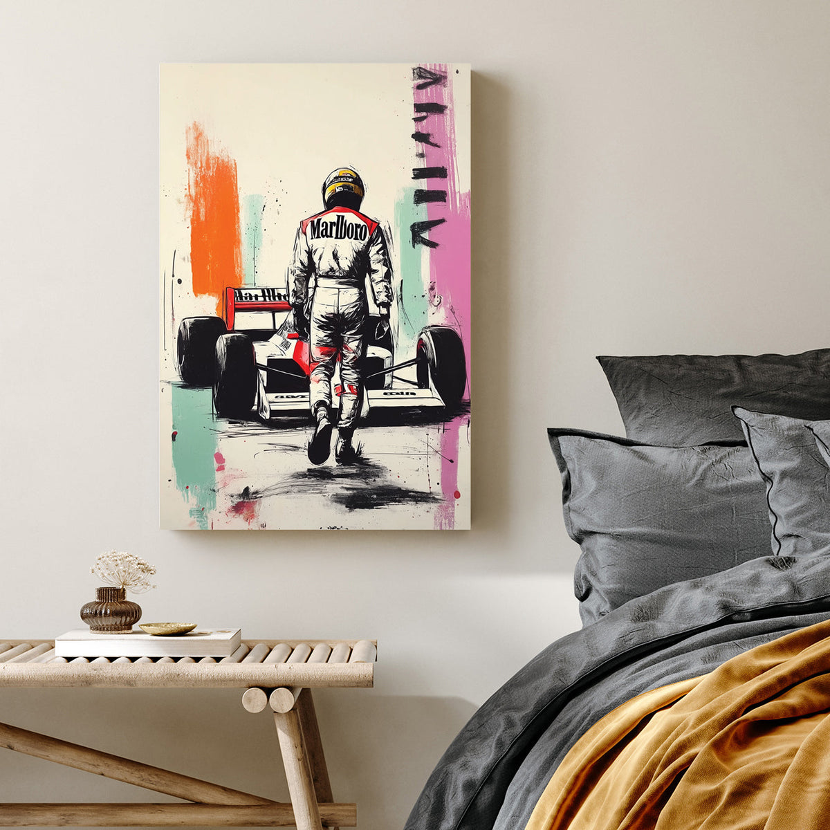 Ayrton Senna walking to F1 car wall art with graffiti splashes