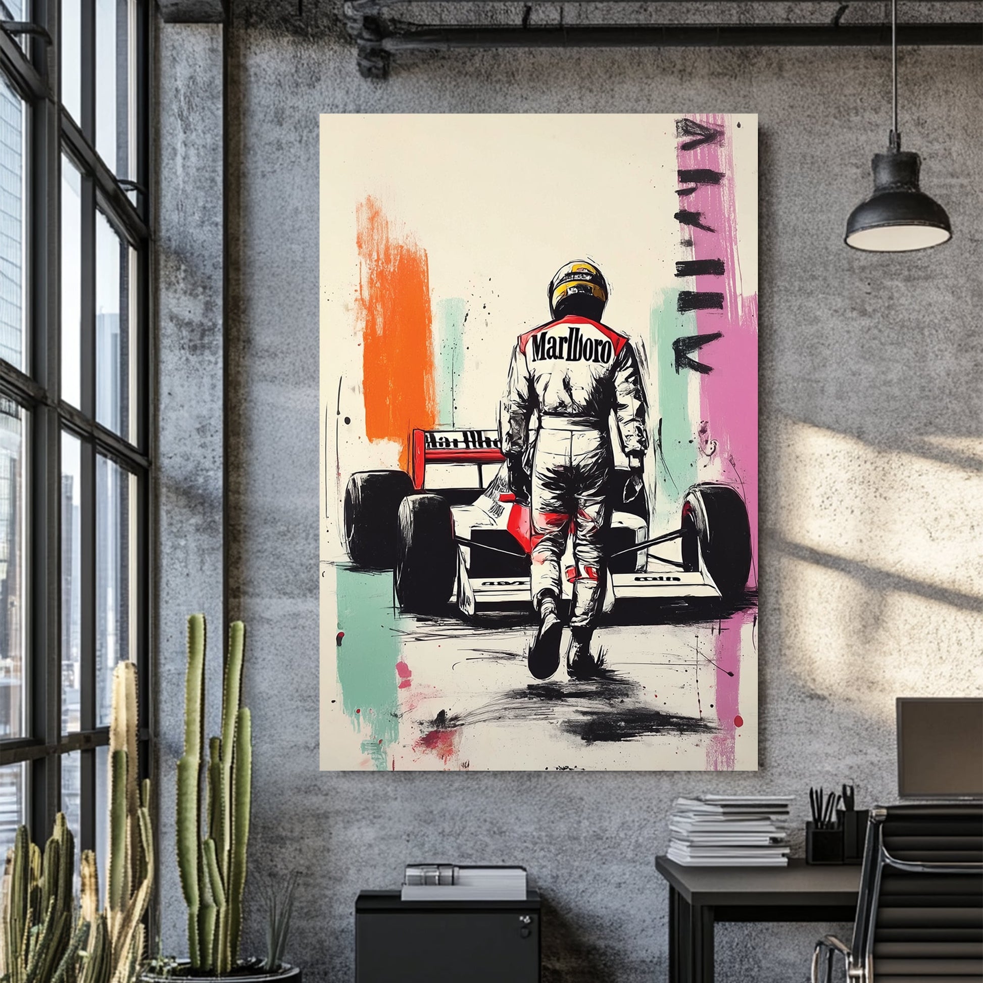 Ayrton Senna walking to F1 car wall art with graffiti splashes