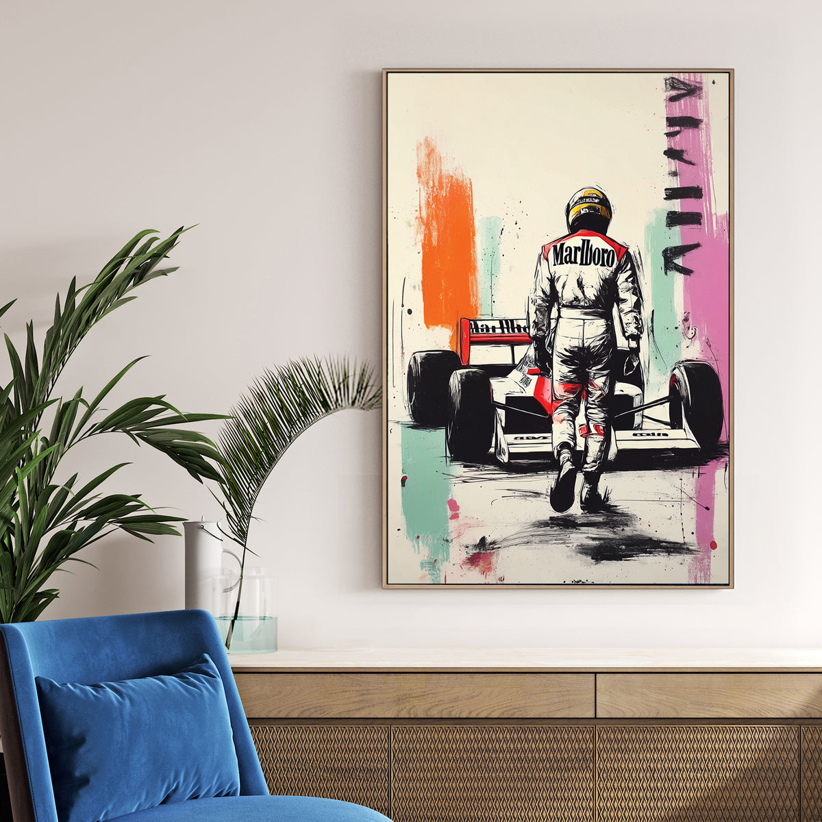 Ayrton Senna walking to F1 car wall art with graffiti splashes