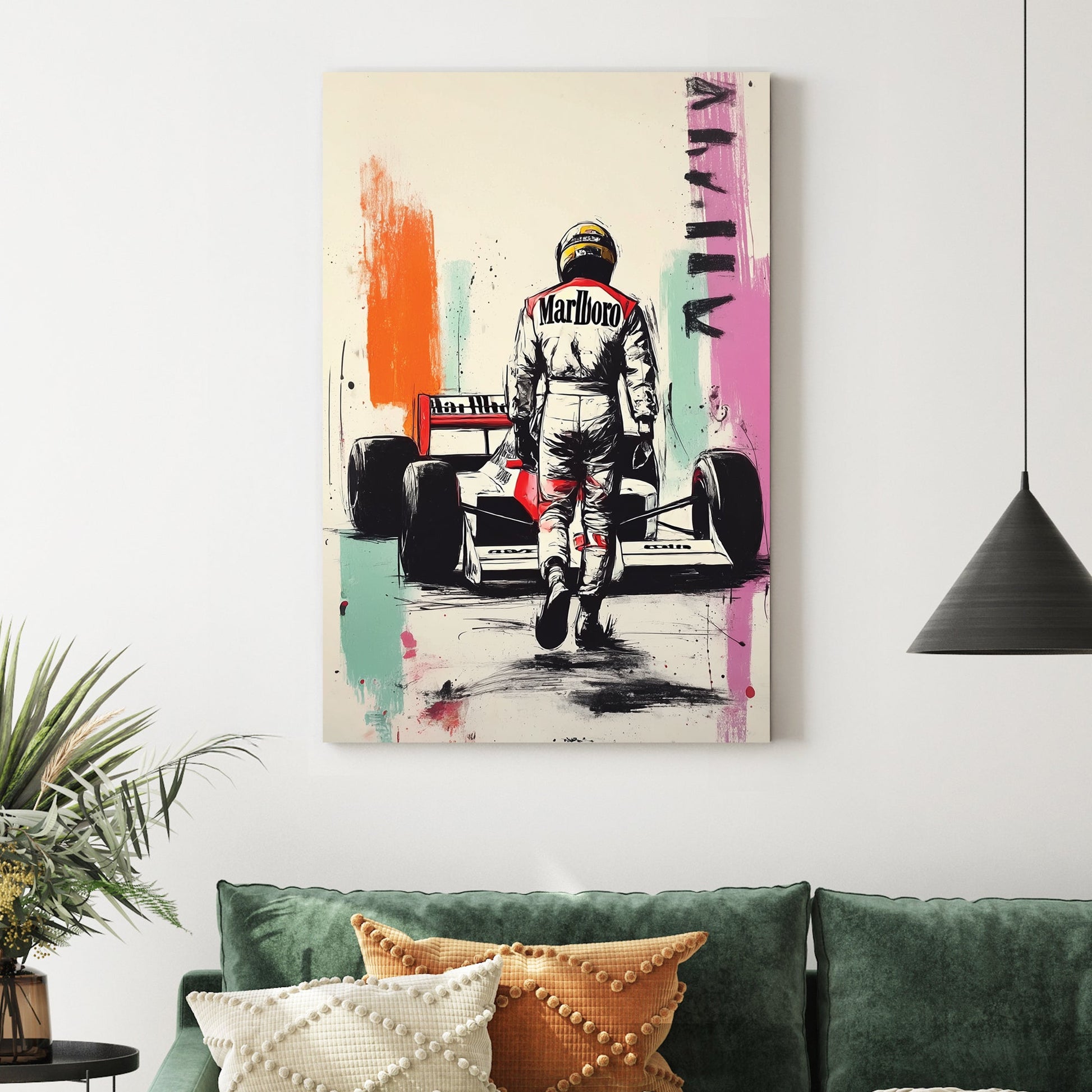 Ayrton Senna walking to F1 car wall art with graffiti splashes