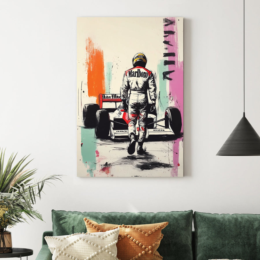 Ayrton Senna walking to F1 car wall art with graffiti splashes