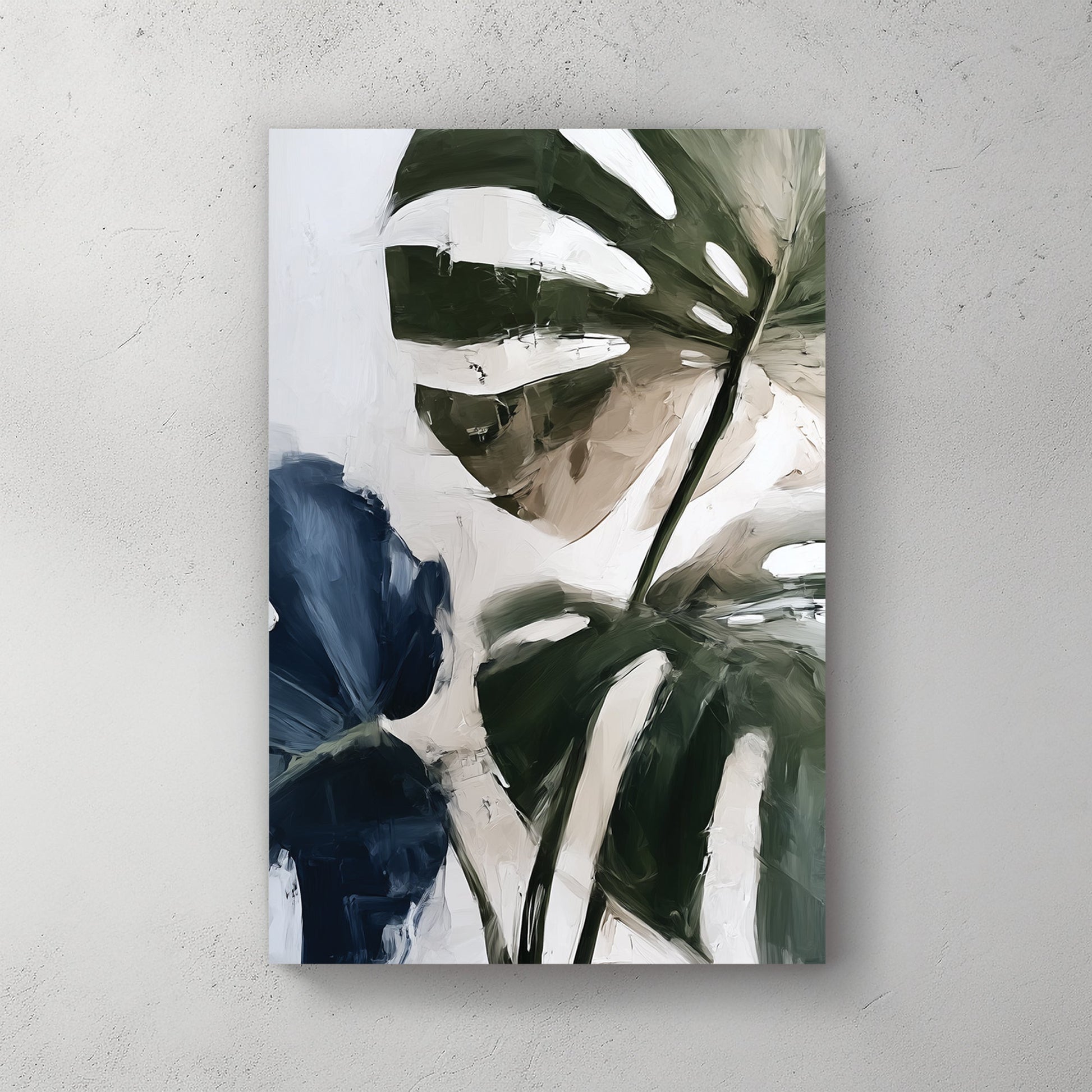 monstera leaf oil painting wall art in earthy green and indigo tones