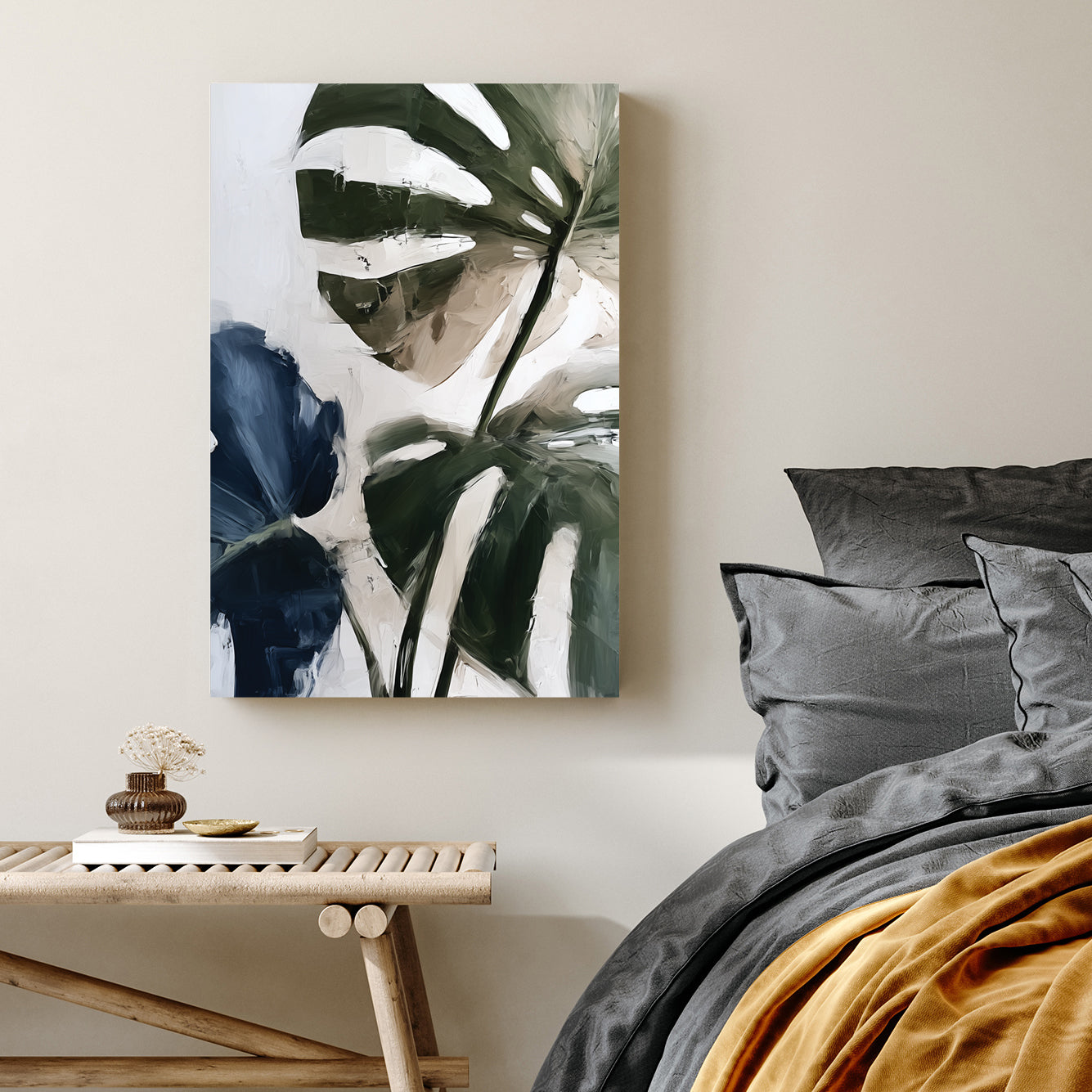 monstera leaf oil painting wall art in earthy green and indigo tones