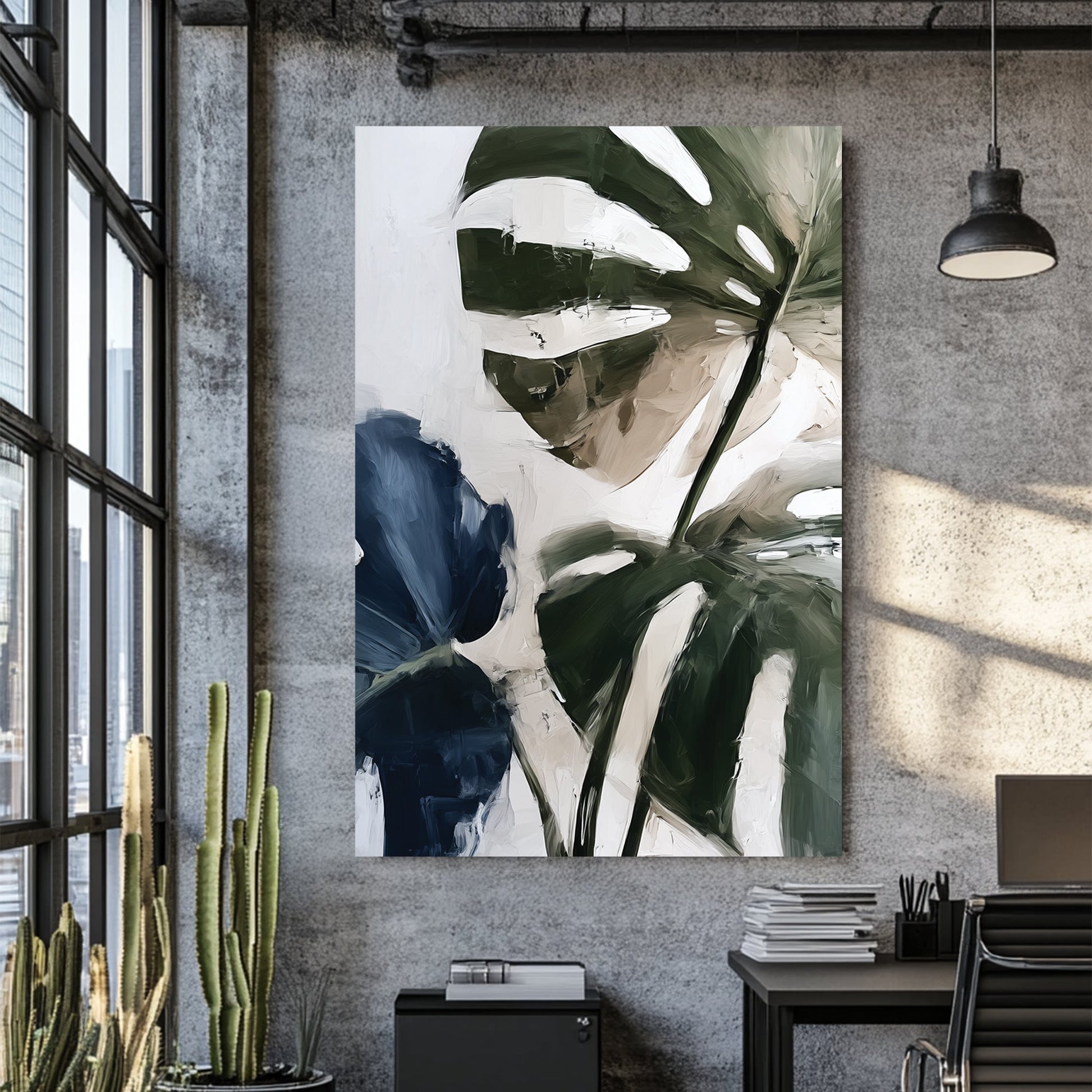 monstera leaf oil painting wall art in earthy green and indigo tones