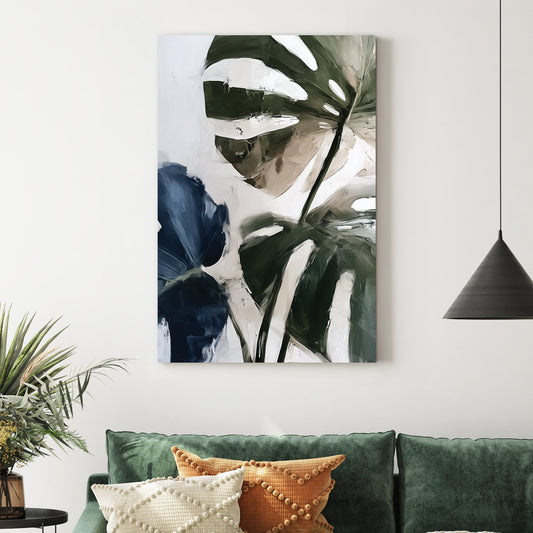 monstera leaf oil painting wall art in earthy green and indigo tones
