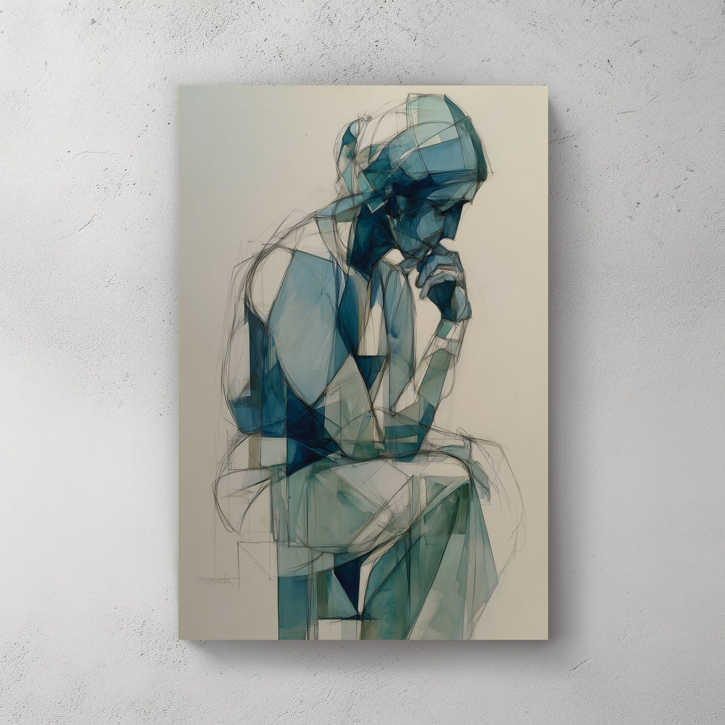 blue geometric figure wall art of person in deep thought