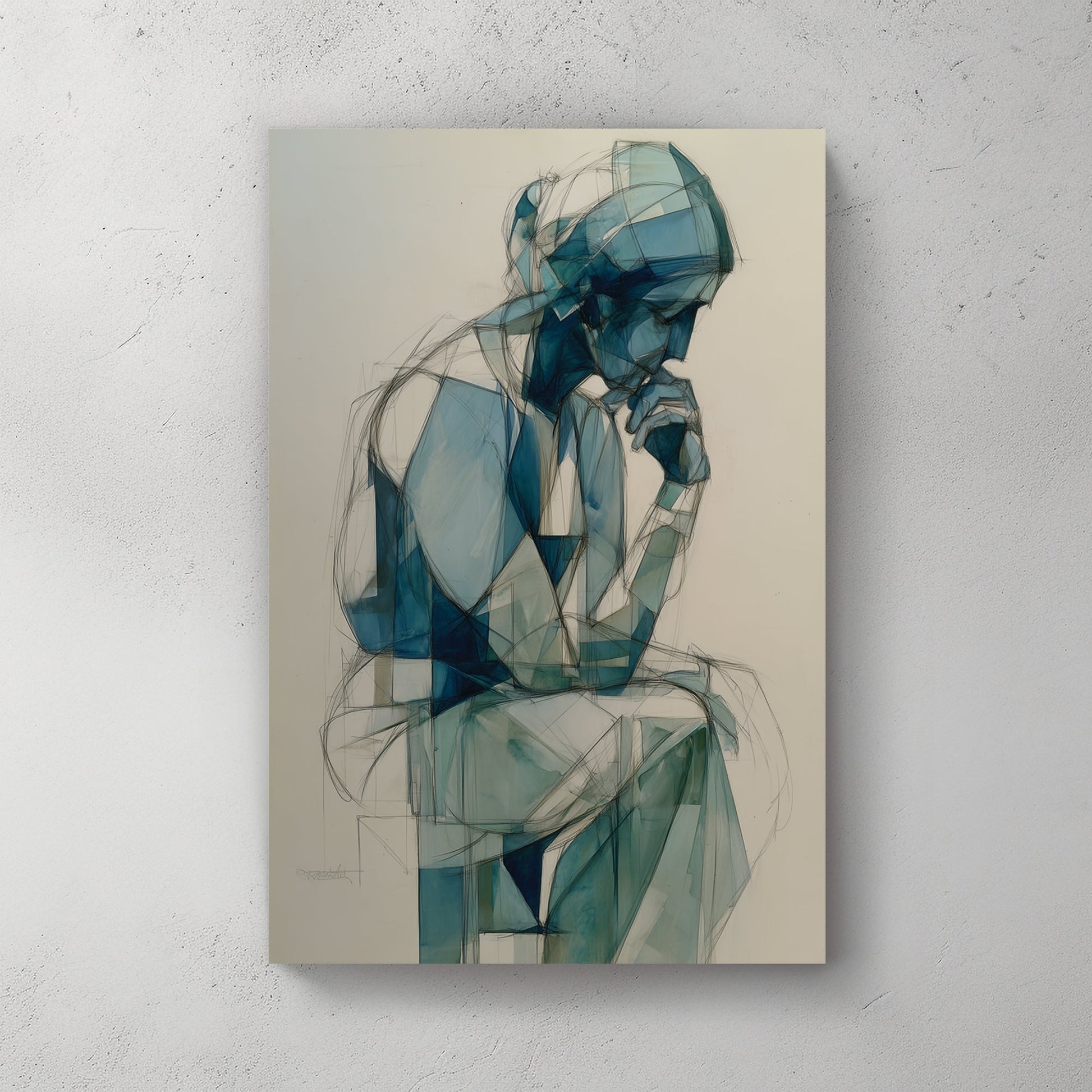 blue geometric figure wall art of person in deep thought