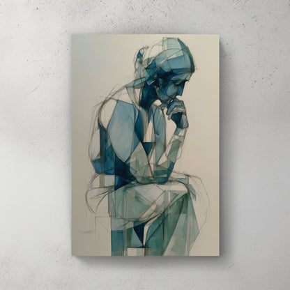 blue geometric figure wall art of person in deep thought